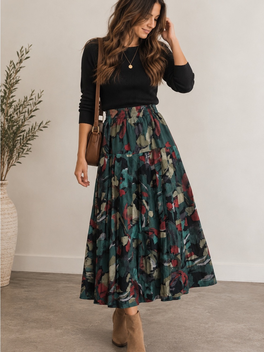 Vintage Tiered Floral Midi Skirt in Forest Multi